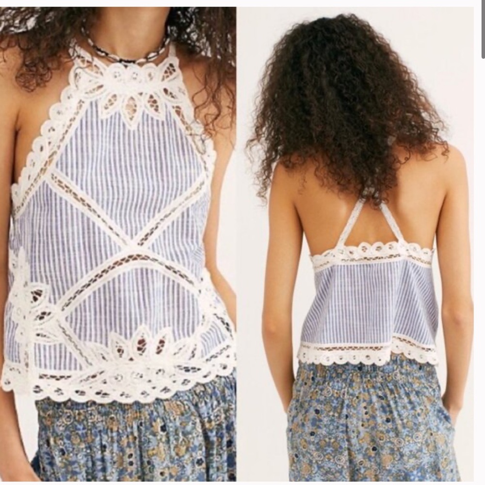 Free People Blue White Striped Della Battenburg Halter Tank Top Small